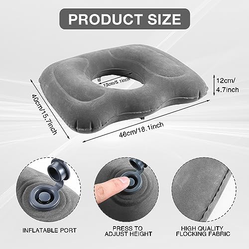 Leinuosen 1 Pcs Inflatable Seat Cushion 18.1'' x 15.7'' x 4.7'' Portable Pillow Height Adjustable Hemorrhoid Pillow for Tailbone Back Pain Bed Sore Home Car Chair Wheelchair Sitting (Grey)