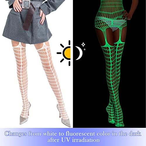 Hercicy 3 Pcs Glow in the Dark Fishnet Stockings Luminous Bodysuit Leggings Glowing Fishnet Socks for Women Glowing Party(Classic Style)