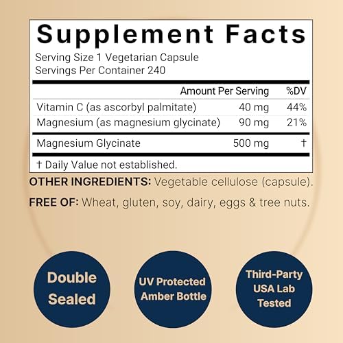 Naturebell Pure Magnesium Glycinate 500mg, 240 Veggie Capsules | 100% Chelated & Purified – 3rd Party Tested, Vegan Friendly, Non-GMO, Fiiler Free
