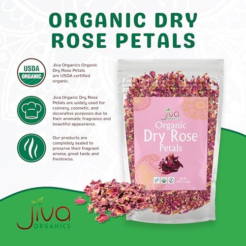 Jiva Organics Dried Red Rose Petals 4 Oz Bag - Non-GMO, USDA Organic, Food Grade, Edible Flowers - Use in Tea, Baking, Making Rose Water, Crafting, Wedding Confetti
