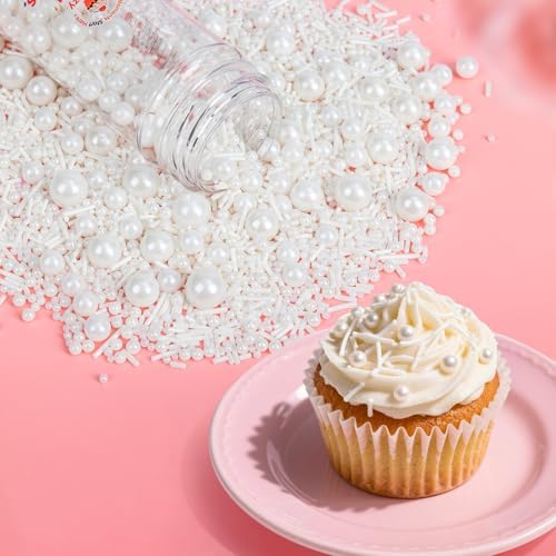 Edible White Sprinkles for Cake Decorating,Edible Pearl Jimmies Sugar Mix Size 130g/4.58oz,Baking Candy Decorations,Cupcake Toppers,Cookie Donuts Ice Cream Dessert Decorating,Wedding Birthday Party Easter Supplies