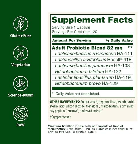 Flora - Adult's Probiotic Blend, Six Adult-Specific Strains, Gluten Free, Raw Probiotic with 17 Billion Cells, 120 Vegetarian Capsules