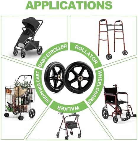 2 Pack 6 Inch Rubber Wheelchair Wheels Replacement for Walkers, Rollators, Wheelchairs,Durable Anti-Slip ABS Wheel Hub- Universal Aid Wheels for Adults, Seniors, Black