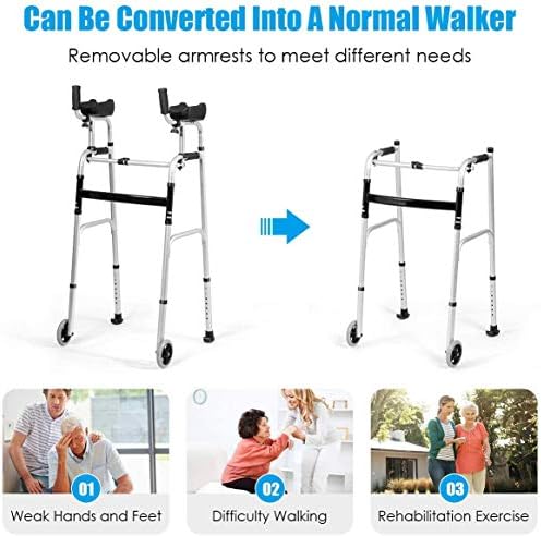 Nightcore Folding Standard Walker，Rehabilitation Auxiliary Walking Aid, Front Wheeled Walker w/Adjustable Height & Removable Armrests, Platform Walkers for Seniors,Disabled, FDA Certification