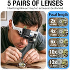 Magnifying Glasses for Close Work, Jewelers Magnifying Glass with Light & 5 Interchangeable Lens Pairs(2X 4X 6X 10x 13x), Headband Loupe Magnifier for Watch Repair,Crafts, w/Storage Case