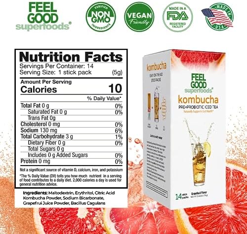 FeelGood Superfoods Kombucha Iced Tea Packets, Delicious Grapefruit Flavored Refreshing Instant Kombucha Powder Fizzy Drink, Probiotic Supplement for Gut Health, 14 pack