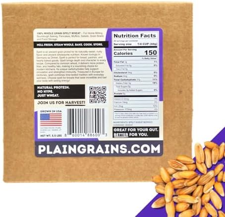 PlainGrains. The Natural Way | 5.5 LB Dry Spelt Wheat Berries | 14.5% Protein by Volume | Uncooked, Unground, Whole Grain | Single Box