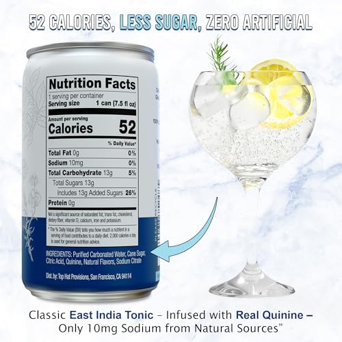 Top Hat East India Tonic Water with Real Quinine - Ideal for Cocktails & Mocktails - Profoundly Carbonated & Less Sweet - 52 Calories per Can - 7.5 Fl oz (Pack of 24)