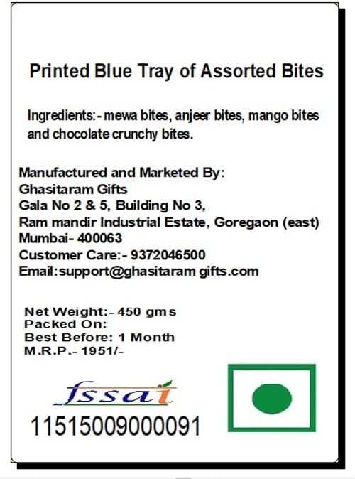 Ghasitaram Gifts Rakhi Gifts for Brothers Printed Blue Tray of Assorted Bites with 2 Blue Rudraksh Rakhis