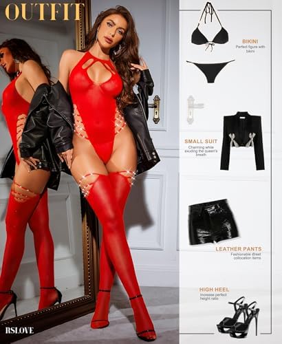 RSLOVE Sexy Lingerie Sets for Women Fishnet Bodystocking Exotic Sparkle Rhinestone Mesh Bodysuit with Thigh High Stockings