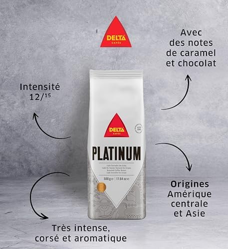 Delta Cafés Platinum Whole Bean Coffee 500gr/17.6oz, Intensity 12, Arabica & Robusta Blend - Aromatic and Roasted Nuts Notes Espresso Beans