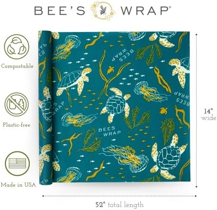 Bee's Wrap Beeswax Wraps for Food - Cut to Size 14x52" Beeswax Wrap Roll - Made in USA Reusable Natural Food Wrap - Ocean