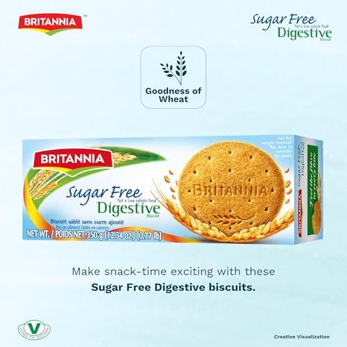 BRITANNIA Digestive Sugar Free Biscuits 12.34oz (350g) - Whole Wheat Flavor Cookies - Breakfast & Tea Time Healthy Snacks (Pack of 1)
