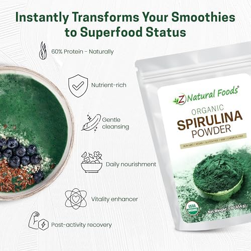 Z Natural Foods Organic Spirulina Powder - 100% Pure Spirulina, Nutrient-Dense Blue-Green Algae Superfood with Amino Acids, 15x Beta-Carotene - Mix in Smoothies, Yogurt, Recipes, 1 lb