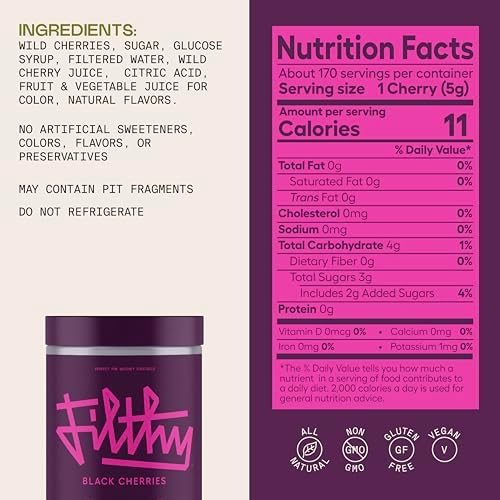 Filthy Cocktail Amarena Black Cherries, Premium Cocktail Garnish, All Natural Wild Italian Amarena Black Cherry, Non-GMO, Gluten Free, Vegan, Slow-Cooked, 45 Oz Tin, 170 Cherries