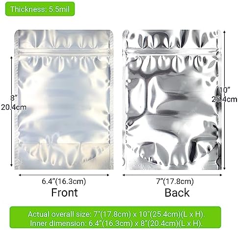 100 Pack 7 x 10 Inch Stand Up Pouch Bags Zipper Mylar Bags Clear Front with Aluminum Foil Back Reusable Food Storage Bags for Multipurpose with Gusset Bottom(5.5mil Thickness)