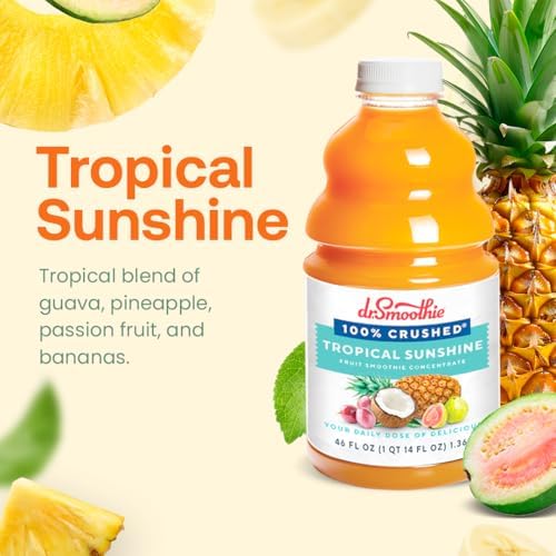Dr. Smoothie 100% Crushed Tropical Sunshine – No Added Sugar, Made with Real Fruits/Fruit Juice – Vegan, No Artificial Colors or Flavors – Guava, Pineapple, Passion Fruit & Bananas – 46 oz Bottle