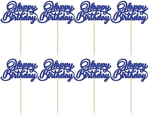 24Pcs Happy Birthday Cupcake Toppers Dark Blue Glitter Birthday Cupcake Food Picks for Celebrating Happy Birthday Party Cake Decorations Supplies