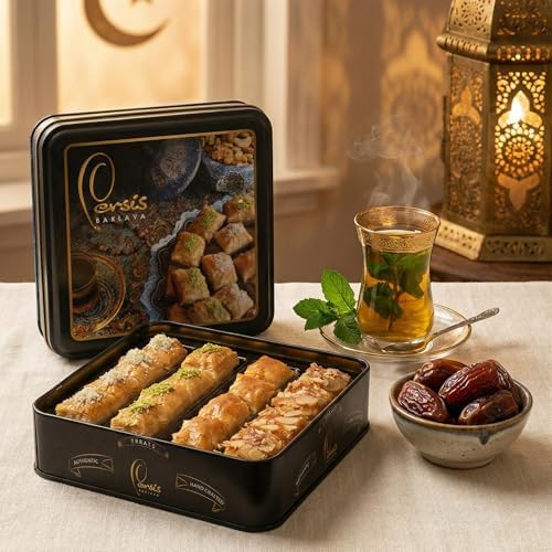 Persis 13 Oz (370g) Vegan Baklava Gift Box | Christmas, New Year Sweets | Baklava Pastry with Cashew, Almond, Walnut, Pistachio | Vegan Pastry | Baclava Gift Set in Luxury Embossed Tin (16 Pieces)