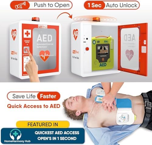 AED Defibrillator Wall Mounted Cabinet with Metal AED Projecting Sign, Steel Storage Cabinet with Quick Accessible Door, Alarm System, Fits All Brands AED Defibrillator, for Office, Hospital