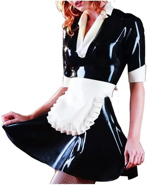 Sexy French Maid Latex Dress with Half Sleeves Apron Zipper at Back Rubber Uniform Bodycon Playsuit