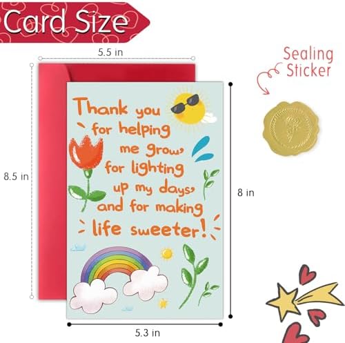 Cute Thank You Card for Teacher, Funny Teacher Appreciation Card Gifts for Men Women, Thank You for Helping Me Grow, Teachers Appreciation Gifts Cards from School Kids Students with Envelopes