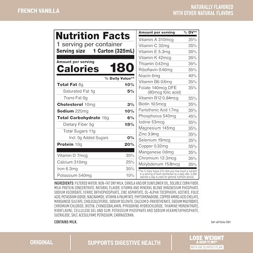SlimFast Meal Replacement Shake, Original French Vanilla, No Added Sugar, Meal Replacement Shakes, 10g Ready to Drink Protein, 5g Fiber, 25 Vitamins and Minerals, 11 Fl. Oz, 12 Count
