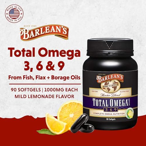 Barlean's Total Omega 3 6 9 Softgels, Blended Fish Oil Supplement with Borage and Flaxseed Oil, 1,000 mg Omegas ALA, EPA, DHA and GLA for Joint Support Supplements and Heart Health, 90 Count