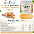 Organic Golden Milk Powder with Vitamins D3 & K2, Turmeric, Ginger, Curcumin, Cinnamon, KSM66 Ashwagandha, Holy Basil & Natural Prebiotics– Delicious Unsweetened Turmeric Tea Latte- 30 Servings