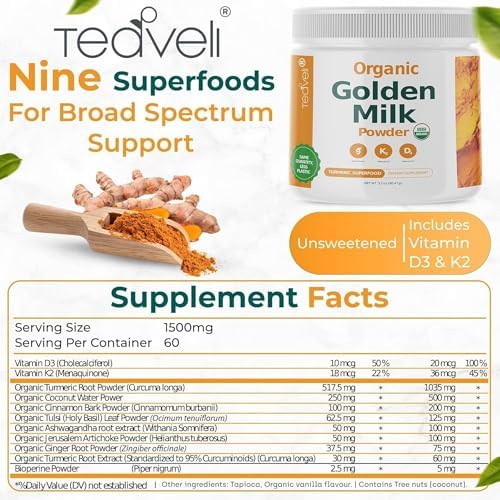 Organic Golden Milk Powder with Vitamins D3 & K2, Turmeric, Ginger, Curcumin, Cinnamon, KSM66 Ashwagandha, Holy Basil & Natural Prebiotics– Delicious Unsweetened Turmeric Tea Latte- 30 Servings