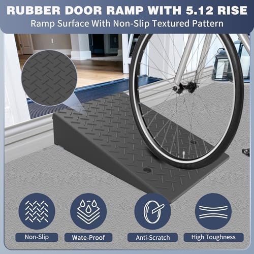 Rubber Threshold Ramp 5.12 Inch Rise, Wheelchair Rubber Door Ramp with Non-Slip Surface, Home Step Ramp with Channel for Wheelchairs/Cars/Scooters (1PCS, 2200LBs Loading)