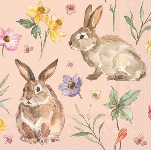 IHR Ideal Home Range Cocktail Napkins Disposable 3-Ply Paper Party Napkin Pack, 5" x 5", Soft Easter Bunnies, 20-Count