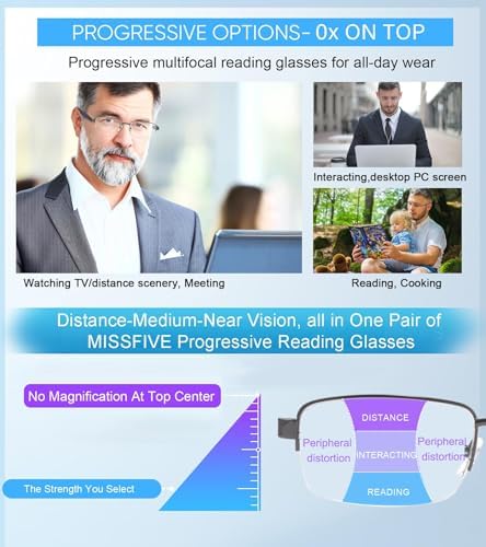 Missfive Mens Premium Multifocus Reading Glasses 0 Power on Top Center, Blue Light Blocking Far/Mid/Near Progressive Multifocal Readers Metal Frame With No Broken Spring Hinge, 1.5 D