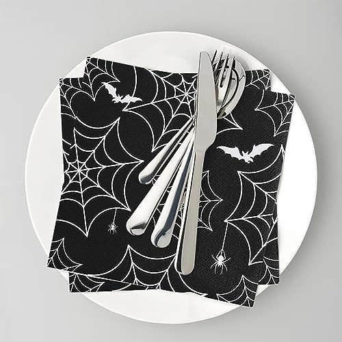 Halloween Spiderweb Paper Napkins, 24 Pcs Black Spider Web Disposable Hand Towels, 6.7x6.7 Inch, Halloween Dinner Party Supplies