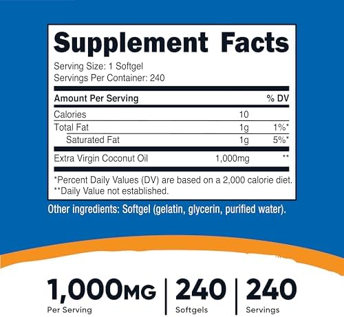 Nutricost Coconut Oil Softgels (1000mg) 240 Softgels - Extra Virgin Coconut Oil - Gluten Free and Non-GMO