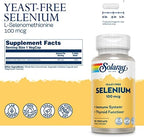 SOLARAY Selenium 100 mcg Supplement for Women & Men - Selenium 100mcg Capsules, Thyroid & Immune Health Support, Yeast Free, L Selenomethionine, Antioxidant Support, Vegan - 90 Veg Caps