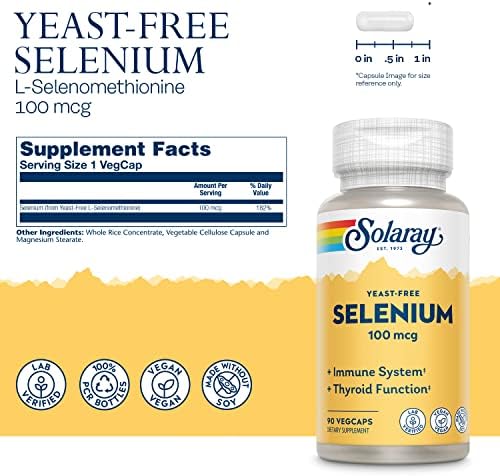 SOLARAY Selenium 100 mcg Supplement for Women & Men - Selenium 100mcg Capsules, Thyroid & Immune Health Support, Yeast Free, L Selenomethionine, Antioxidant Support, Vegan - 90 Veg Caps