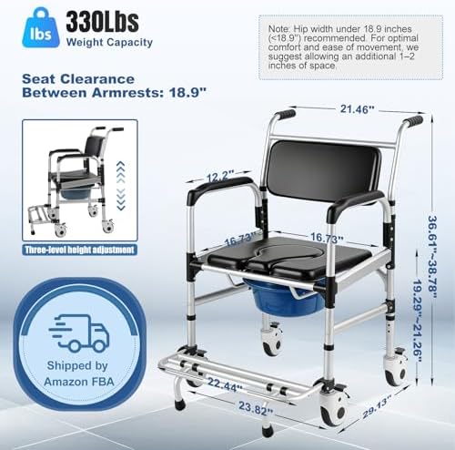 Bedside Commode with Wheels & Adjustable Raised Toilet Seat, Mobile Shower Chair with Handles for Elderly, Disabled & Pregnant, 330 lbs Capacity