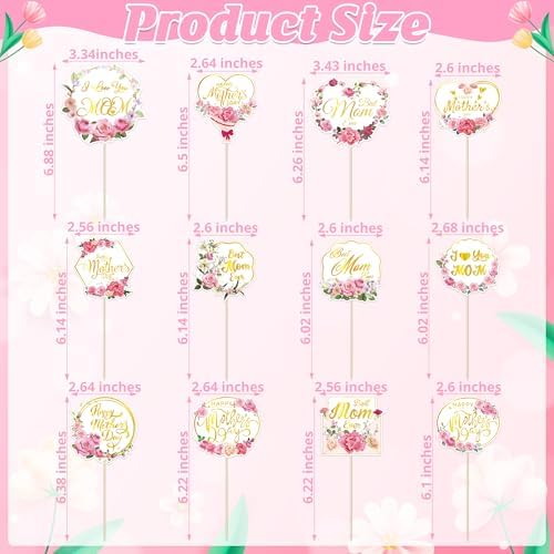12 Pcs Happy Mothers Day Cupcake Topper, Flower Gold Foil Shape Mother's Day Cake Picks, Best Mom Ever Love You Mom Mother's Day Cake Sticks, Mom Cake Decorations for Mothers Day Party