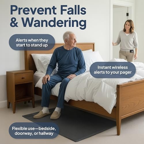 Smart Caregiver Floor Mat Alarm and Pager System - Includes Wireless Pager That Alerts When Someone Steps on The Durable 24in x 48in Floor Mat Sensor