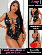 Avidlove Rhinestone Bodysuit Tops Sparkle Fishnet Lingerie Sexy Outfit for Women Mesh Body Suit Teddy Lingeries