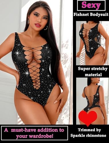 Avidlove Rhinestone Bodysuit Tops Sparkle Fishnet Lingerie Sexy Outfit for Women Mesh Body Suit Teddy Lingeries