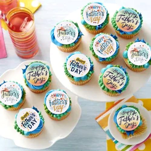 40Pcs Happy Father's Day Edible Cupcake Toppers Circle Father Day Drink Topper for Father's Day Party Decorations Dad Father Birthday Cake Cupcake Decorations Supplies
