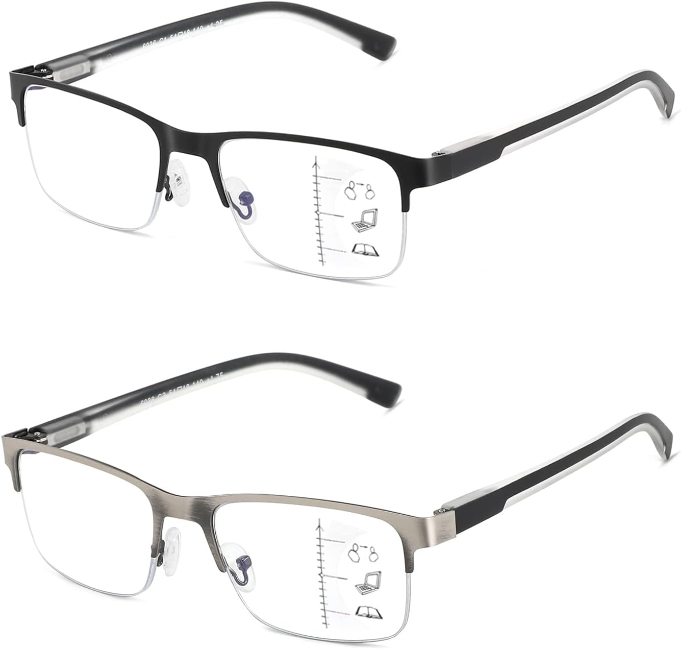 Multifocus Reading Glasses Men Bifocal No Line Progressive Multifocal Reader Blue Light Computer Frame Eyeglasses 2pk