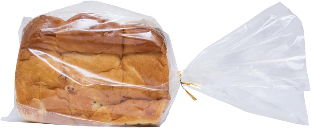 Wowfit Bread Poly Bags, Pack of 100 Entirely Transparent Clear Bakery Storage for Handmade Loaf Packaging, Includes 100 Gold Twist Ties