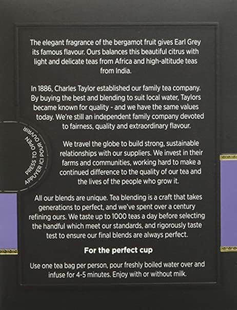 Taylors of Harrogate Earl Grey, Black Tea, Individually Wrapped Bags, 20 Count (Pack of 1), Fragrant, Delicate & Light, Caffeinated, Enjoy Hot or Iced, 20 Teabags