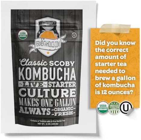 Fermentaholics ORGANIC Kombucha SCOBY With Twelve Ounces of Starter Tea - Live Starter Culture - Makes A One Gallon Batch - 1.5 Cups of Strong Mature Starter Tea - Brew Your Own Kombucha (1 Pack, 1, Count)