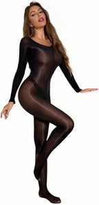 Women Sexy Full Body Stockings Oil Shiny Bodysuit Rave Outfits (A-Black)