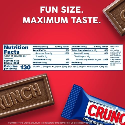 CRUNCH Fun Size Candy Bars, Creamy Milk Chocolate with Crisped Rice, Individually Wrapped Candy, Shareable Pack, 10 oz