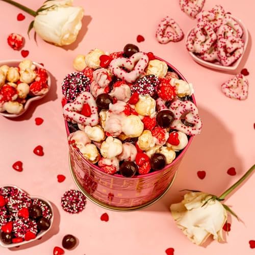Gift Tin with Assorted Treats, Popcorn, Yogurt Heart Pretzels, Milk Chocolate Caramel Balls, Musical Present for Wife, Girlfriend, Romantic, Mom, Spouse, Plays La Vie En Rose- Bonnie and Pop
